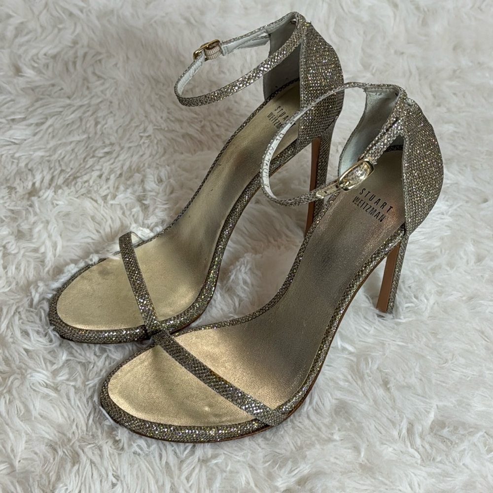 Stuart Weitzman Nudist Ankle Strap Stiletto Sandals Platinum Leather Heels SZ 10